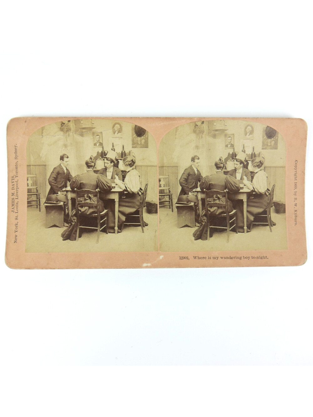 Antique 1899 Kilburn Stereograph Photo Saloon Men Women Drink Cards Temperance
